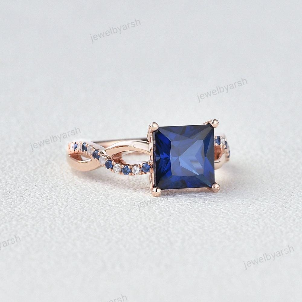 Blue Sapphire Ring, Sterling Silver, Princess Cut, September Birthstone Ring, Diamond Engagement Ring, Blue Ring Gold Band, Dainty Gift Ring