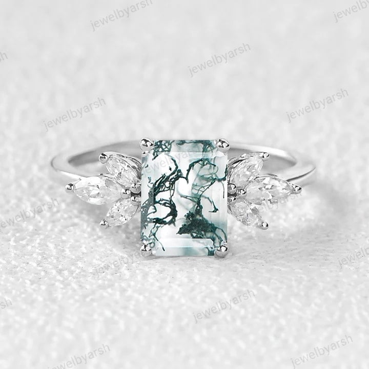 Emerald Cut Moss Agate Engagement Ring, Green Moss Agate Ring, Moissanite Leaf Anniversary Ring, 925 Sterling Silver Gemstone Ring