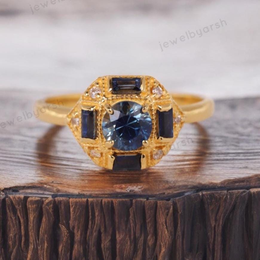 Antique Art Deco Sapphire CZ Stone Engagement Ring, Blue Sapphire Band, Delicate Bridal Ring Anniversary Gift, Brides Maid Ring,
