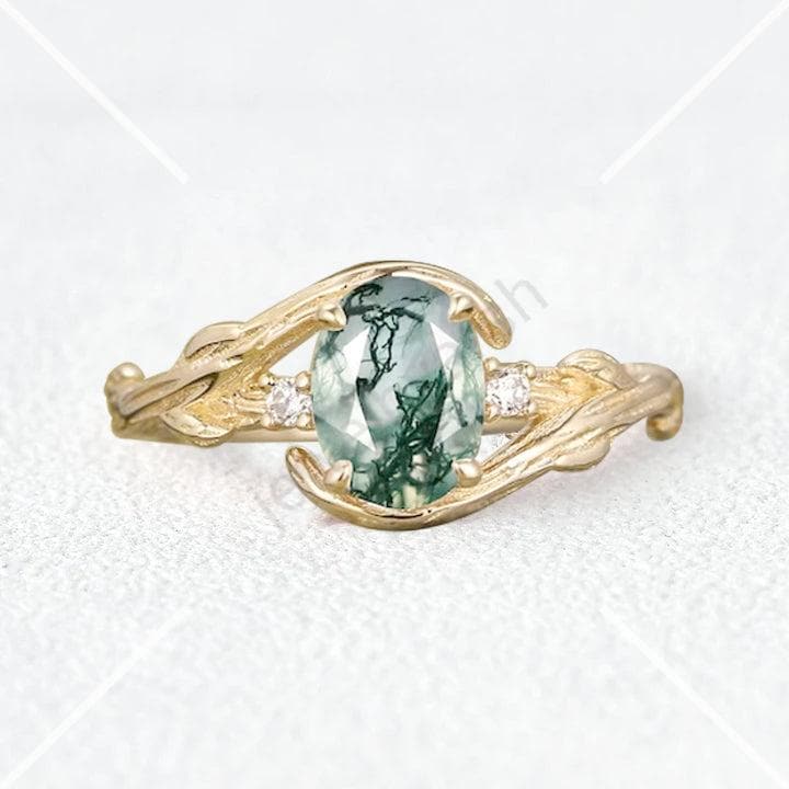 Moss Agate & CZ Diamonds Ring, Princess Cut Moss Agate Promise Ring, Art Deco Engagement  Ring, Stone Ring, Diamond Ring, Women Amazing Gift