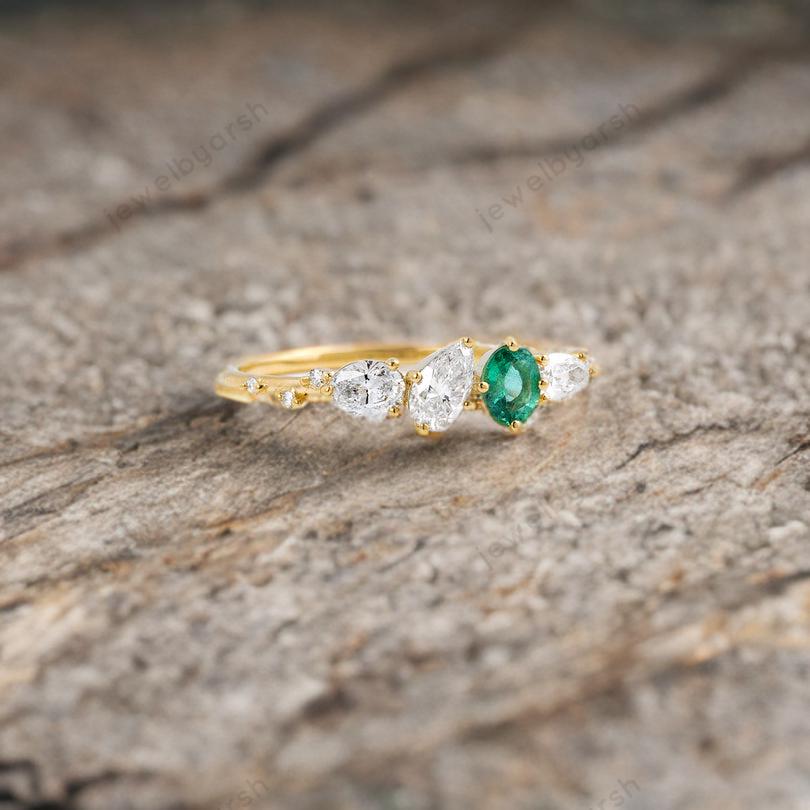 Moissanite & Emerald Ring, Pear Cut Moissanite Ring, Round Emerald Ring, 14K Yellow Gold Plated Ring, Dainty Engagement Ringgement Jewelry For Women