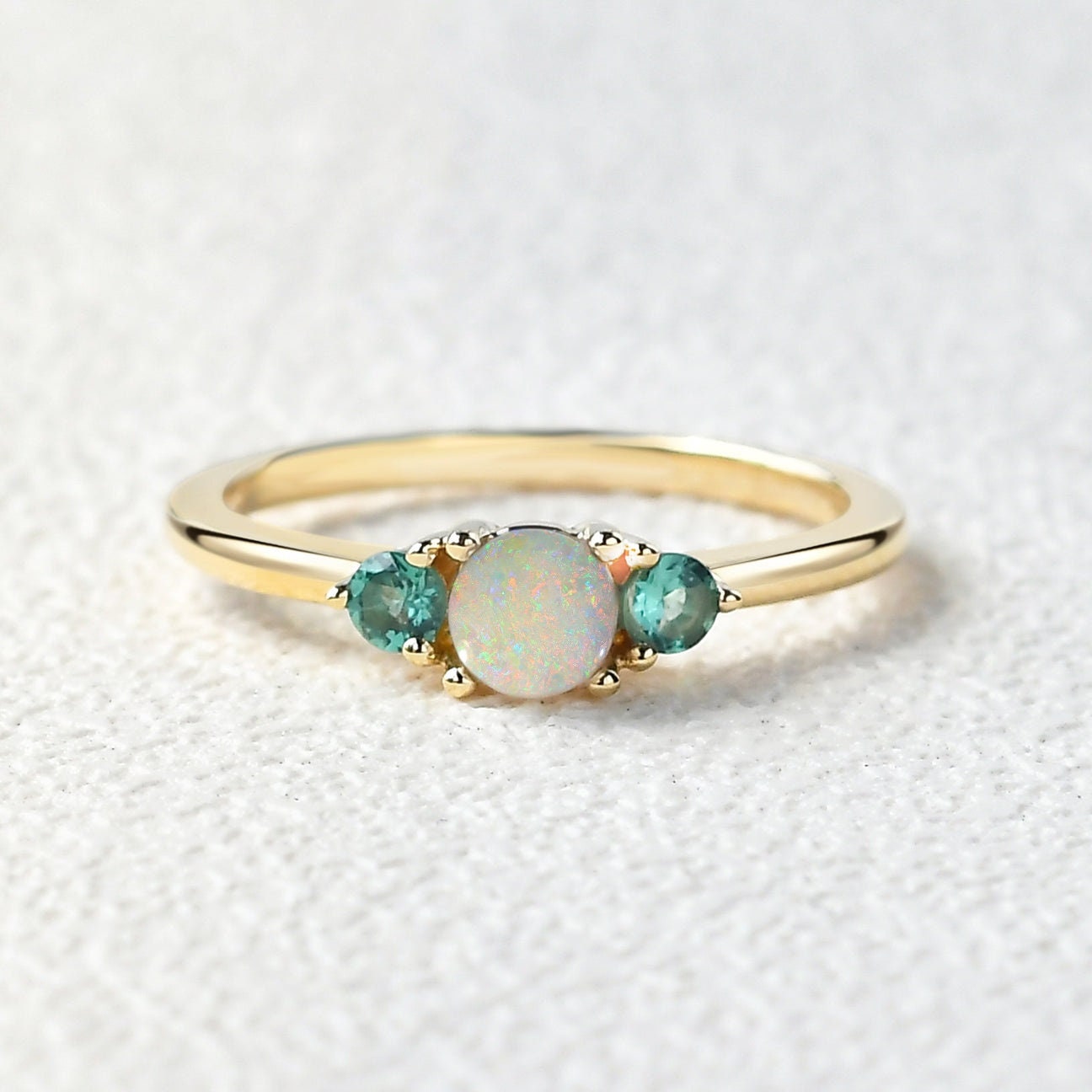 Fire Opal & Emerald Ring, 5mm Round Lab Created Fire Opal, Green Emerald, October Birthstone, 925 Sterling Silver