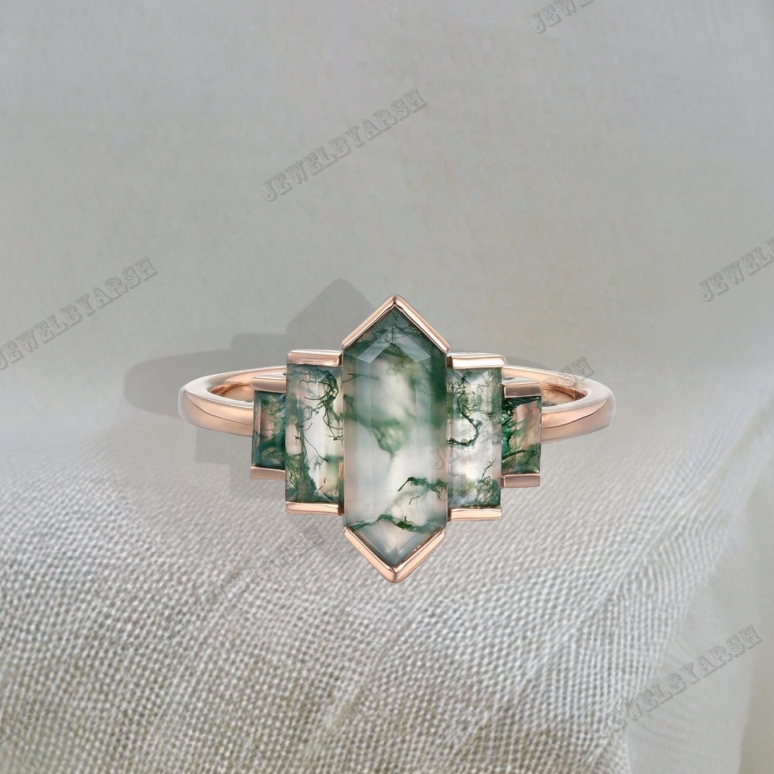 Vintage Moss Agate Engagement Ring: Art Deco Baguette Hexagon Ring