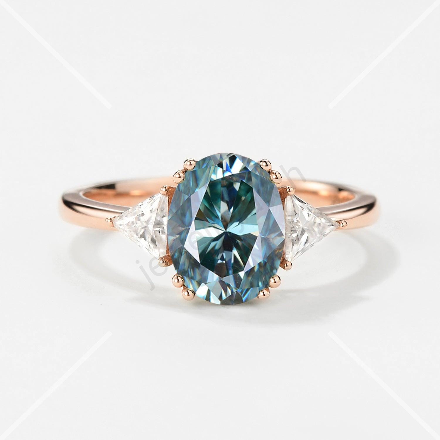 Teal Sapphire Engagement Ring, 18K Yellow Gold Ring, Oval Teal Sapphire & Moissanite Ring, Dainty Promise Ring, Bridal Jewelry