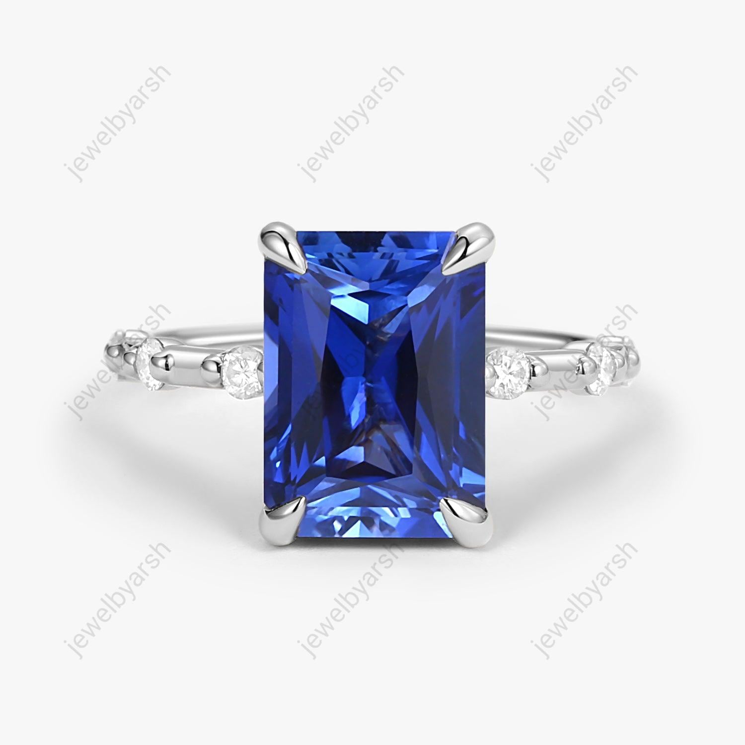 Princess Cut Blue Sapphire Ring â€¢ Sterling Silver Diamond Band
