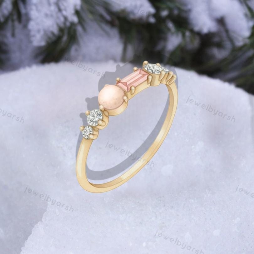 Baguette Pink Sapphire Ring, Lab Created Pink Sapphire, Round Opal & Lab Grown CZ Diamond, Gold Micron Plated 925 Sterling Silver