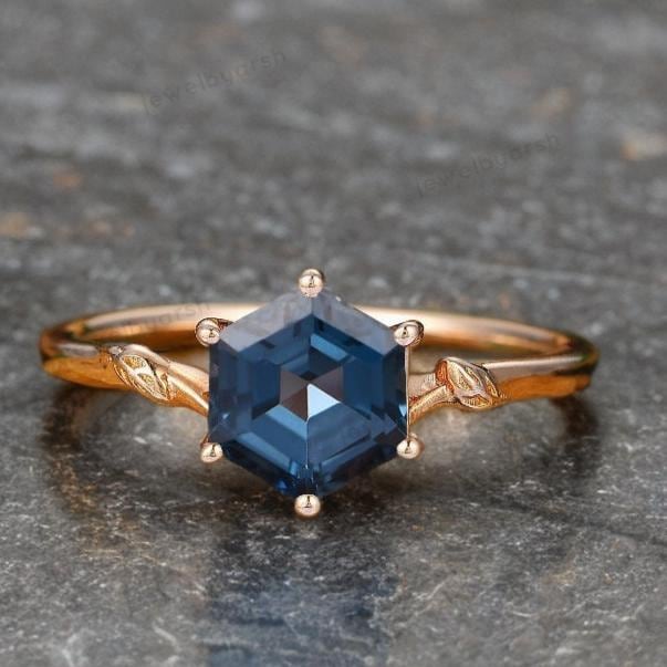 Hexagon Blue Topaz Ring, Lab Created Blue Topaz, October Birthstone, Gold Micron Plated 925 Sterling Silver Art Deco Ring