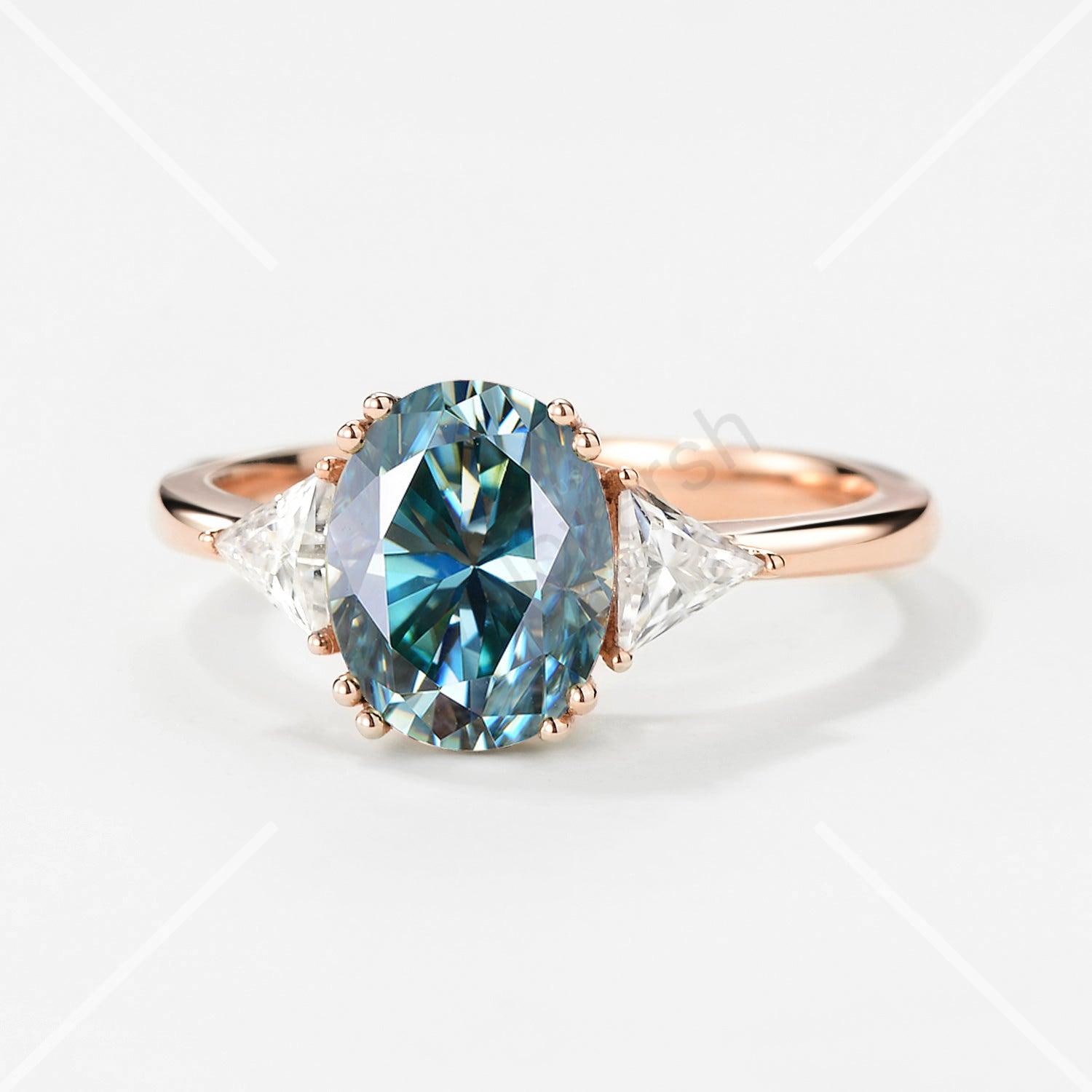 Teal Sapphire Engagement Ring, 18K Yellow Gold Ring, Oval Teal Sapphire & Moissanite Ring, Dainty Promise Ring, Bridal Jewelry