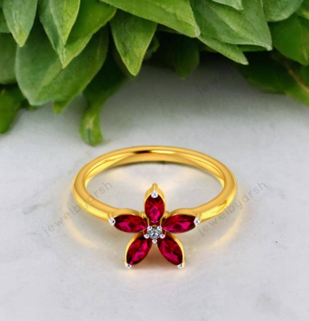 Red Ruby Floral Ring, Marquise Cut Lab Created Ruby & CZ Ring, 925 Sterling Silver With Gold Micron Plating, July Birthstone