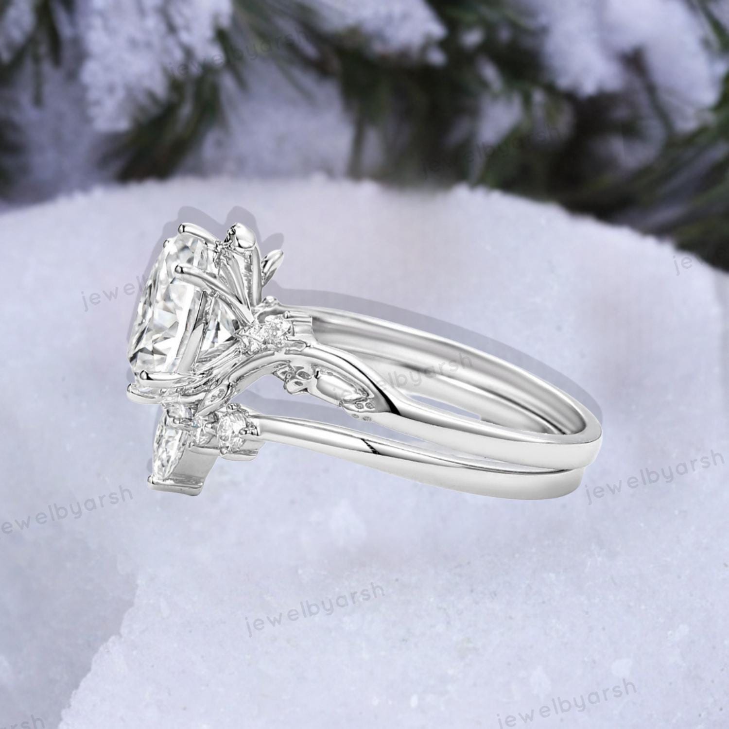 Oval Shape Moissanite Branch Ring Set: Tungsten Wedding Band