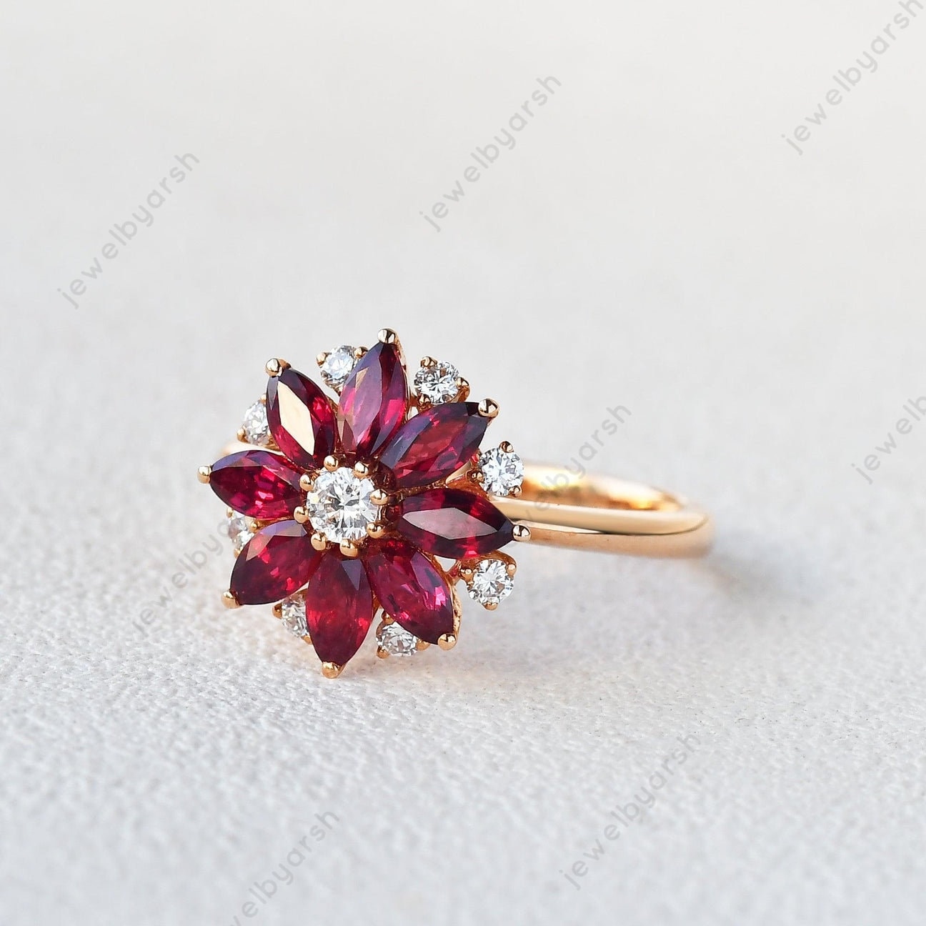 Floral Ruby Ring, Lab Created Ruby & Moissanite 925 Sterling Silver July Birthstone