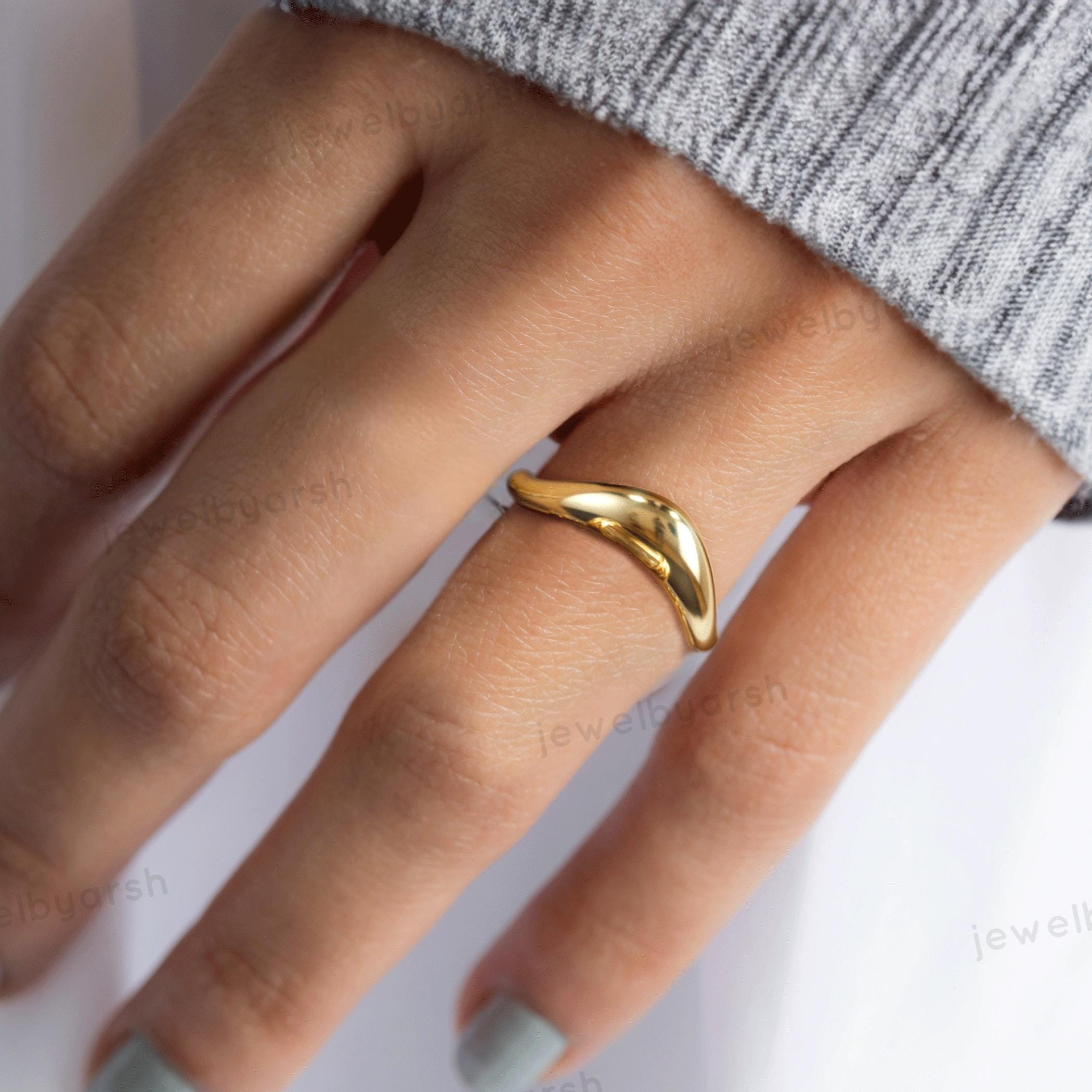 18K Gold Wave Ring, Curved Nesting Band, Minimalist Wedding Ring, 925 Sterling Silver Gold Plated Ring