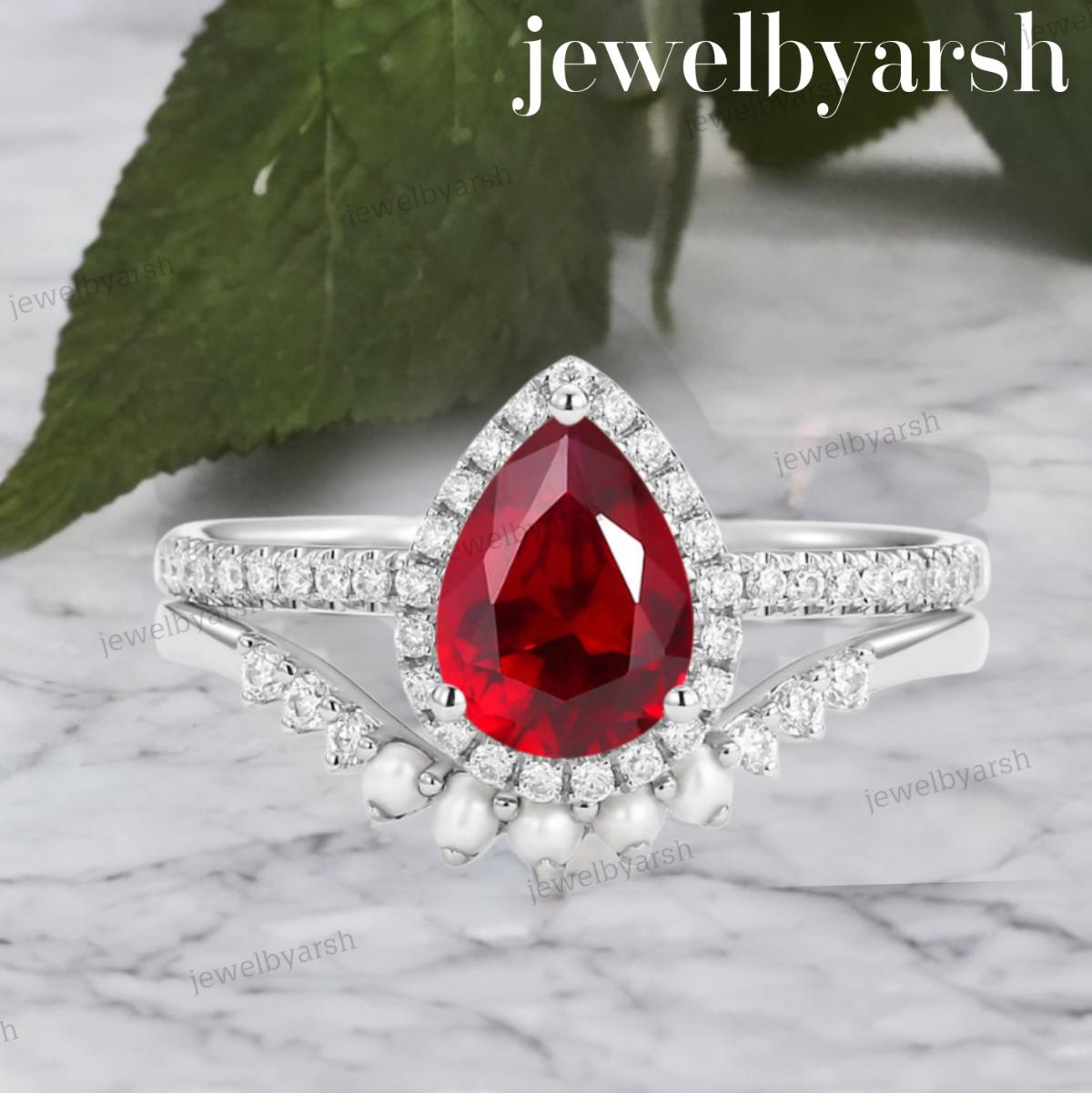 Pear Ruby Ring Set | 14K Rose Gold Bridal Ring With Pearl Accents