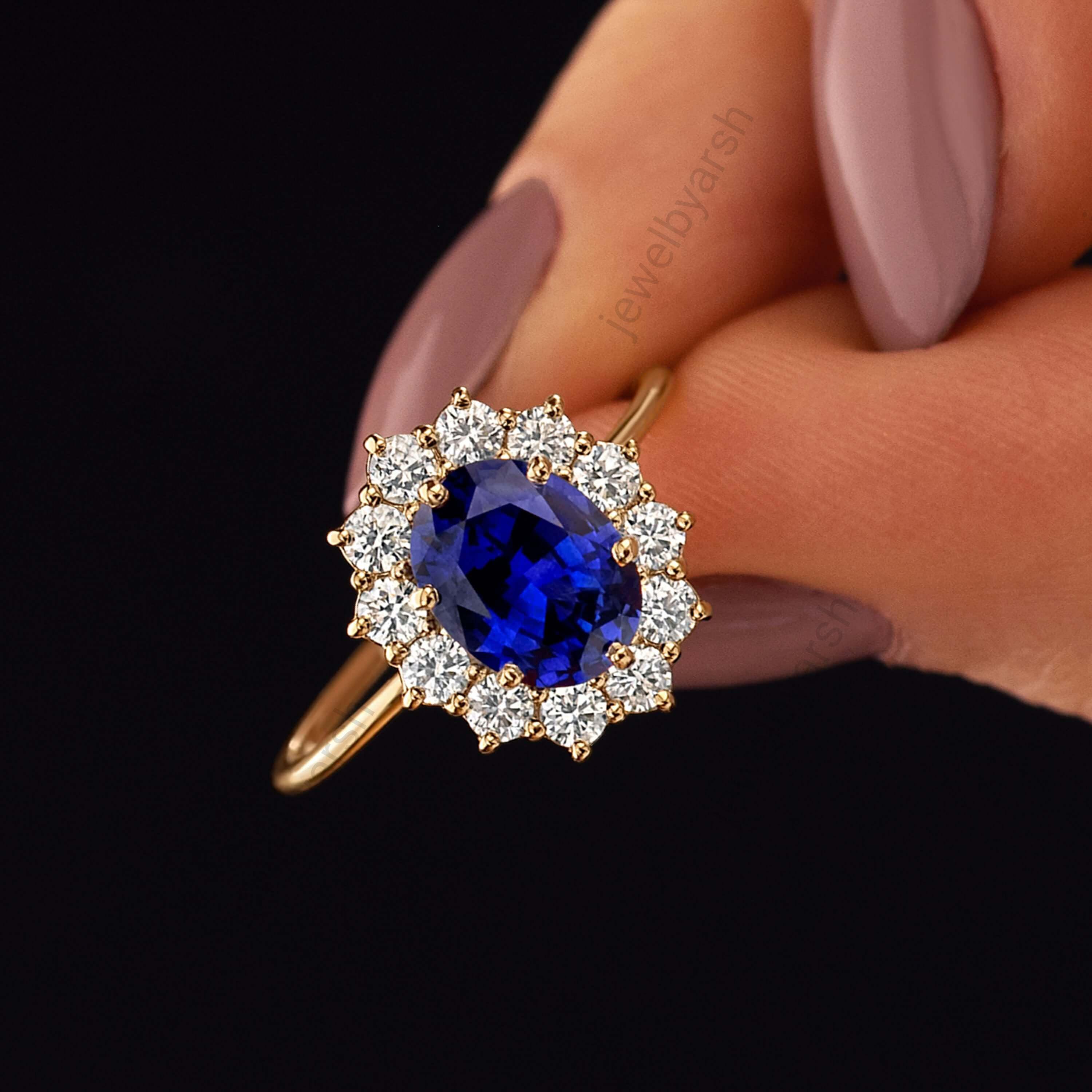 Oval Blue Sapphire Ring, 14K Yellow Gold Halo Ring, Oval Blue Sapphire Halo Ring With Diamond, Blue Sapphire Ring ,Gemstone Anniversary Gift