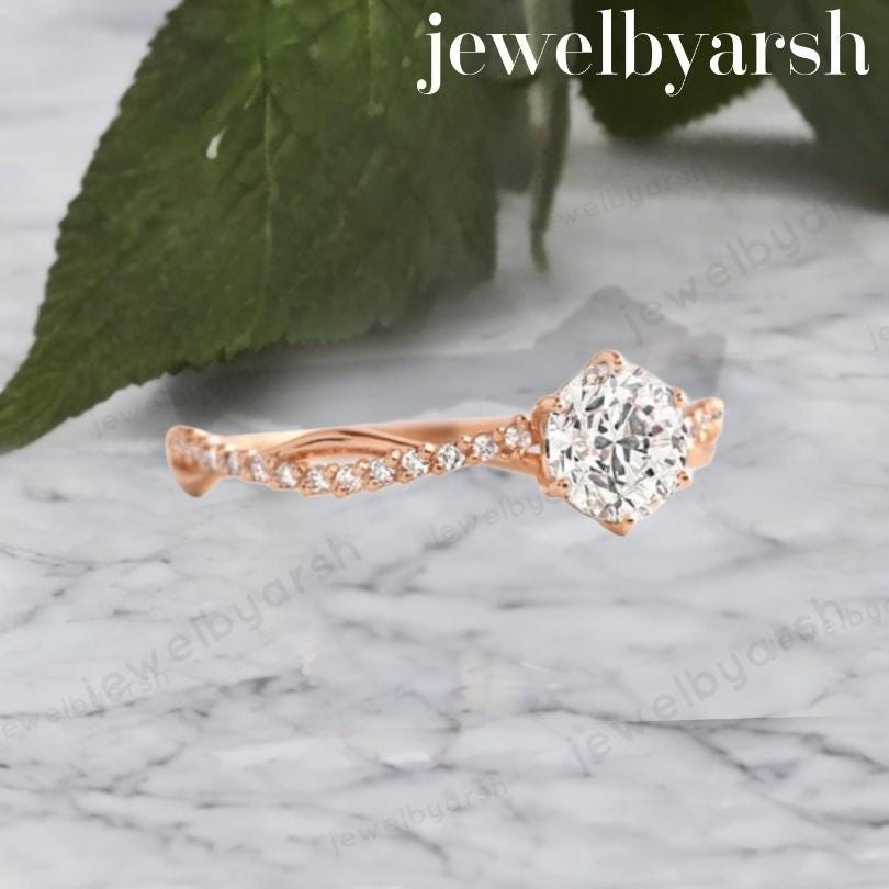 Round Moissanite Or Diamond Twisted Band Ring | Dainty Solitaire Engagement Ring | 14K Gold Or 925 Silver