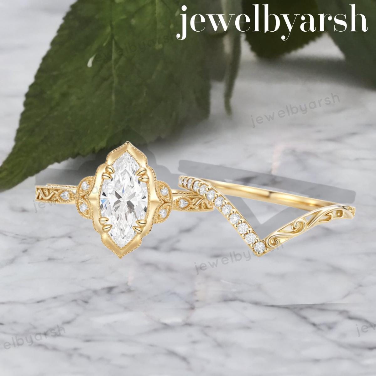Marquise Moissanite Engagement Ring Set, Rose Gold Art Deco Bridal Ring, 925 Sterling Silver, Lab Created Moissanite & CZ