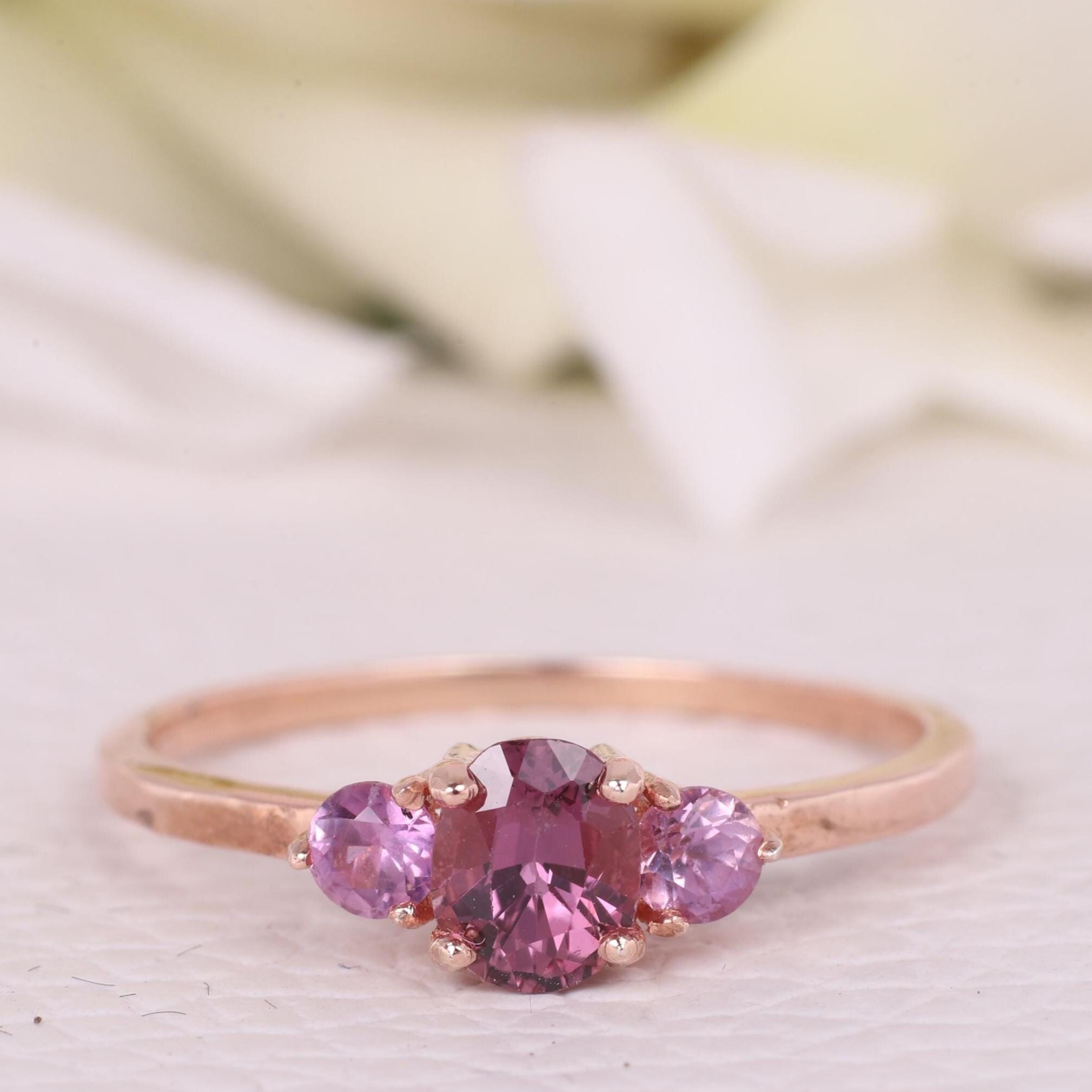 Pink Sapphire Sterling Silver Ring, Three Stone Lab Created Sapphire Engagement Ring, Pink Gemstone Trilogy Ring, September Birthstone Ring
