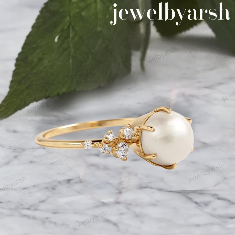 Round Pearl Ring, Lab Grown Pearl Engagement Ring, Diamond Accent Ring, Dainty Pearl Promise Ring, 925 Sterling Silver Jewelry
