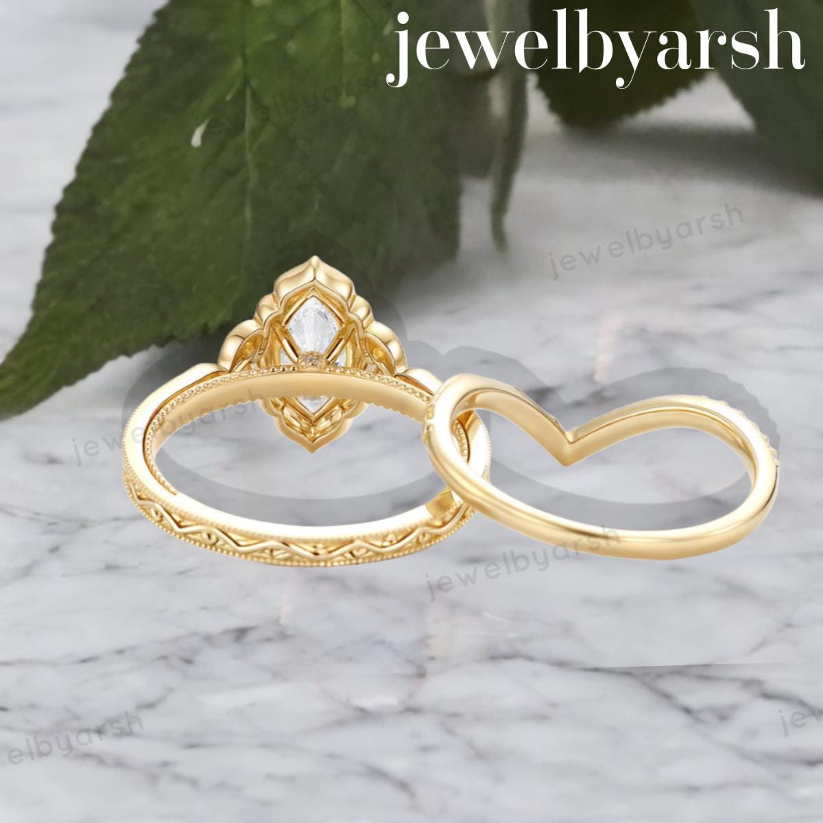 Marquise Moissanite Engagement Ring Set, Rose Gold Art Deco Bridal Ring, 925 Sterling Silver, Lab Created Moissanite & CZ