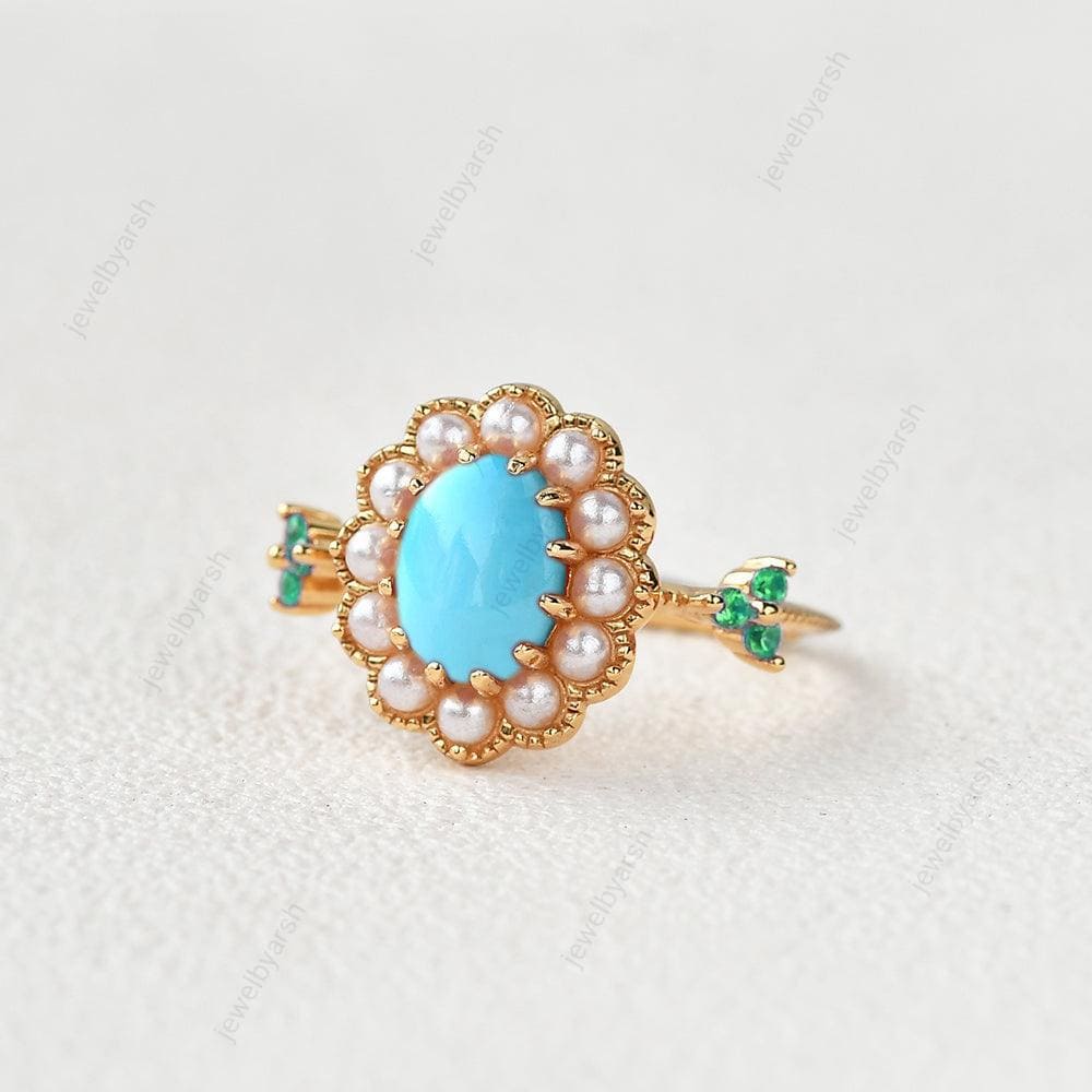 Turquoise Engagement Ring, Pearl Halo Ring, Blue Turquoise & Emerald Ring, December Birthstone Ring, 925 Sterling Silver Jewelry