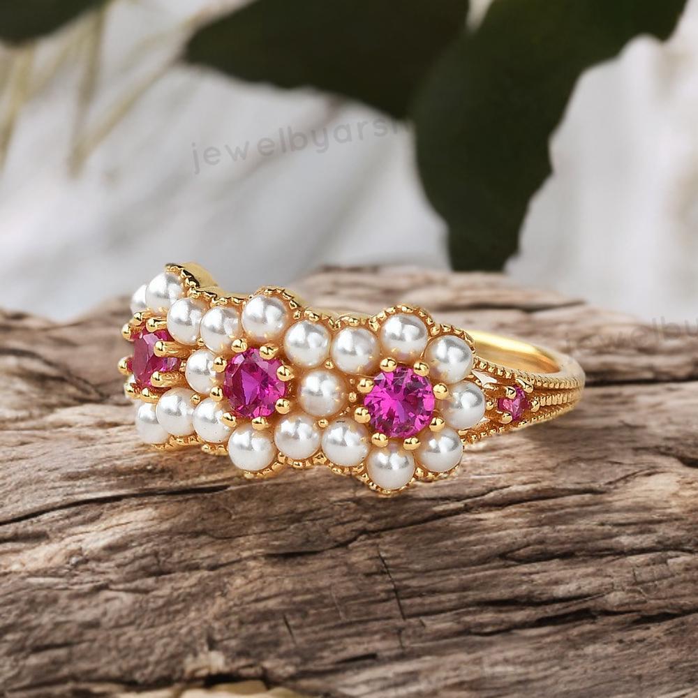 Red Ruby Ring, Halo Pearl Ring, July Birthstone Jewelry