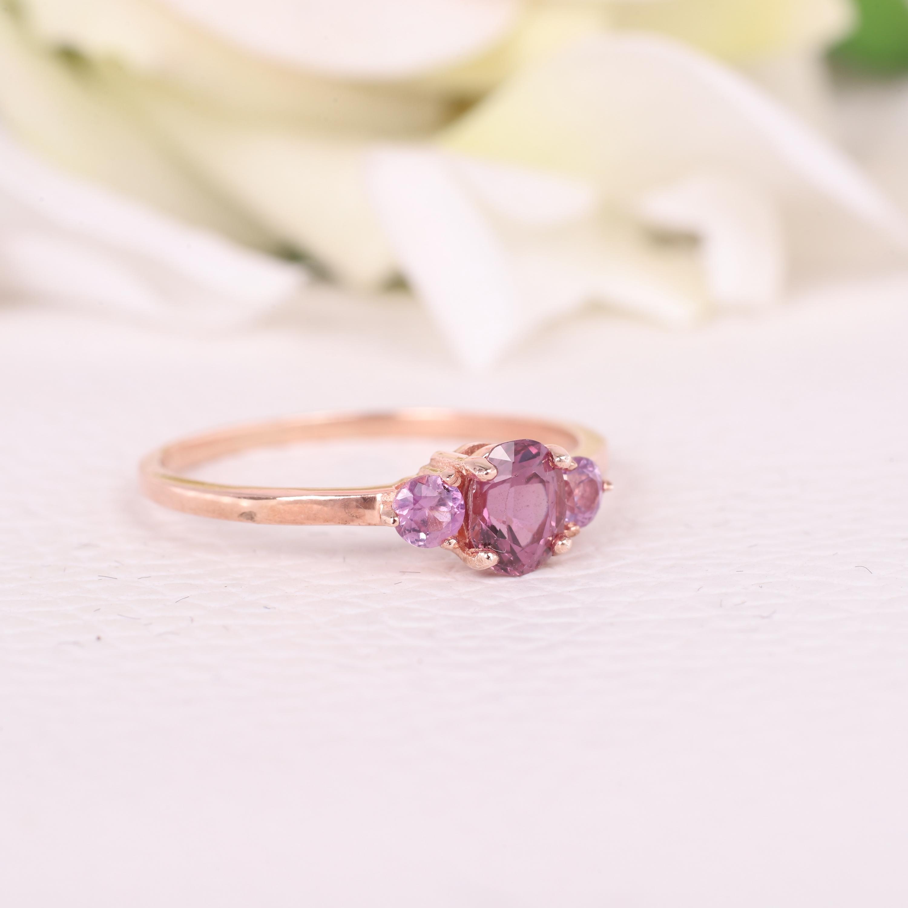 Pink Sapphire Sterling Silver Ring, Three Stone Lab Created Sapphire Engagement Ring, Pink Gemstone Trilogy Ring, September Birthstone Ring