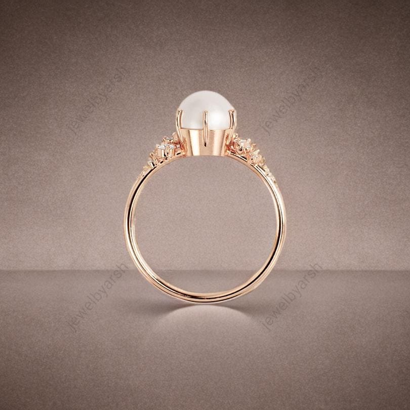 Round Pearl Ring, Lab Grown Pearl Engagement Ring, Diamond Accent Ring, Dainty Pearl Promise Ring, 925 Sterling Silver Jewelry