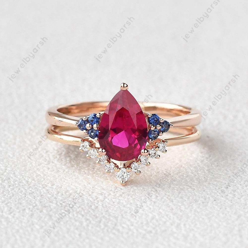 Pear Shape Ruby Ring Set, 2-Piece Red Lab Created Ruby & Blue Sapphire Wedding Ring Set, 925 Sterling Silver With Gold Micron Plating, July Birthstone