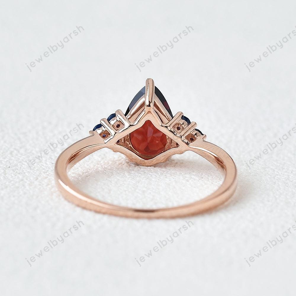 1.5ct Pear Shape Red Garnet Wedding Ring, Blue Sapphire Ring,  Rose Gold Bridal Ring , January  Birth Stone Ring  , Garnet Ring Gift For Her