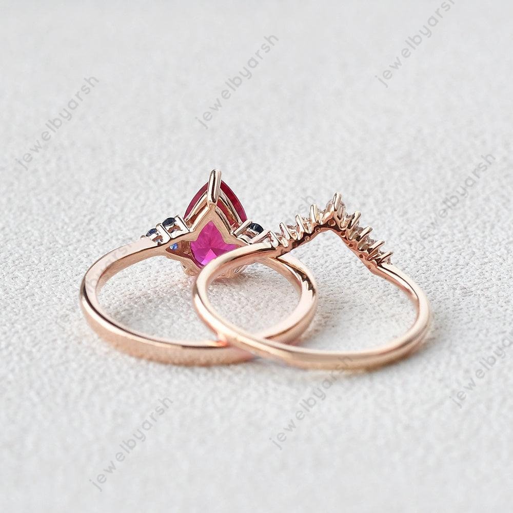 Pear Shape Ruby Ring Set, 2-Piece Red Lab Created Ruby & Blue Sapphire Wedding Ring Set, 925 Sterling Silver With Gold Micron Plating, July Birthstone