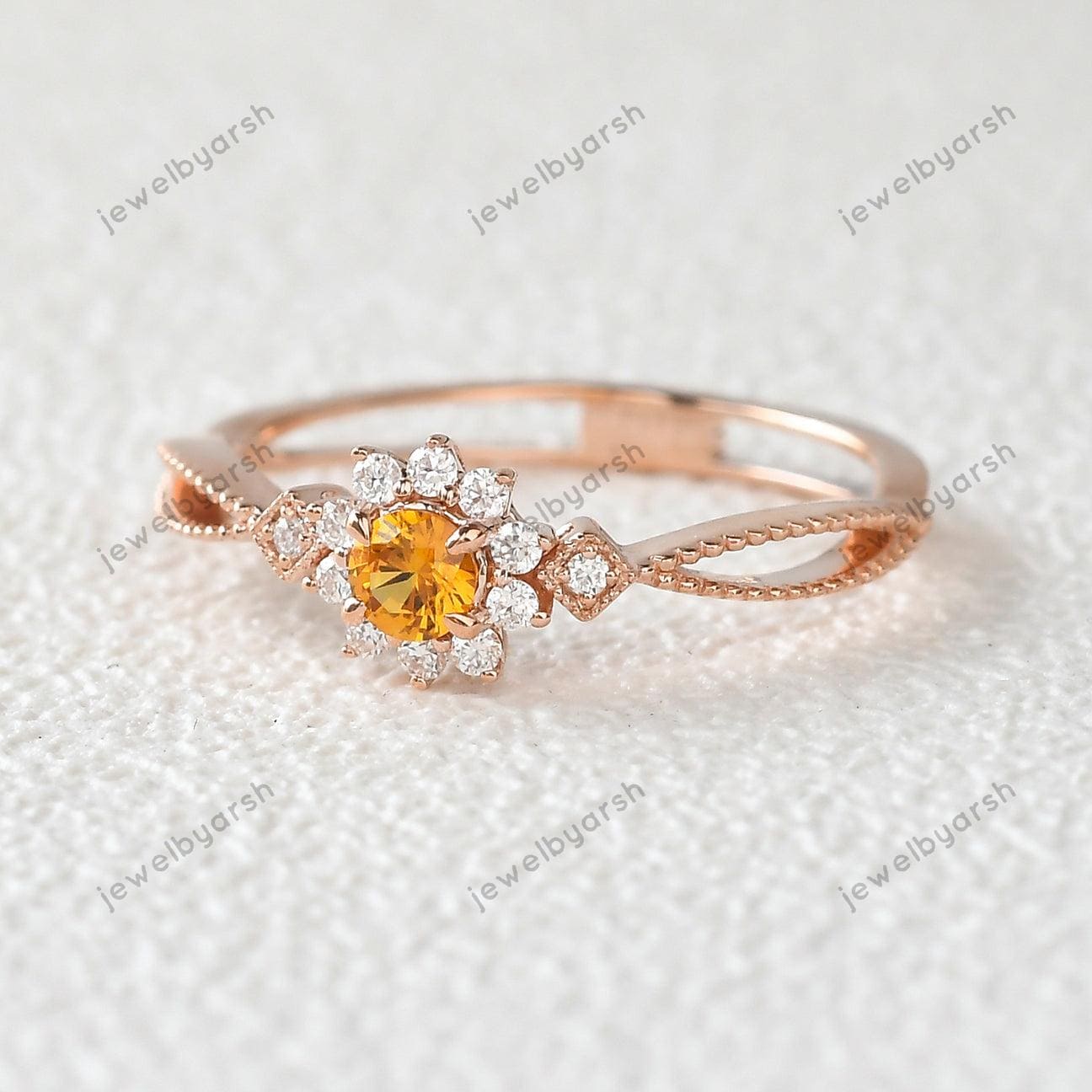 Citrine Halo Ring, Round Yellow Gemstone & CZ Diamond Bridal Ring