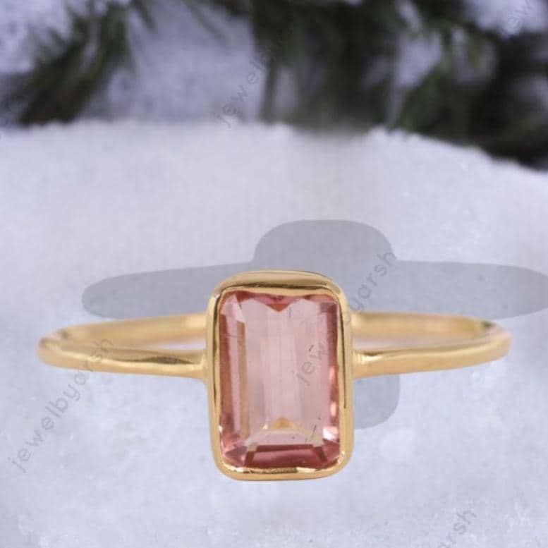 Radiant Cut Morganite Ring, Peach Pink Gemstone Ring, Rose Gold Bridal Ring, Solitaire Engagement Ring