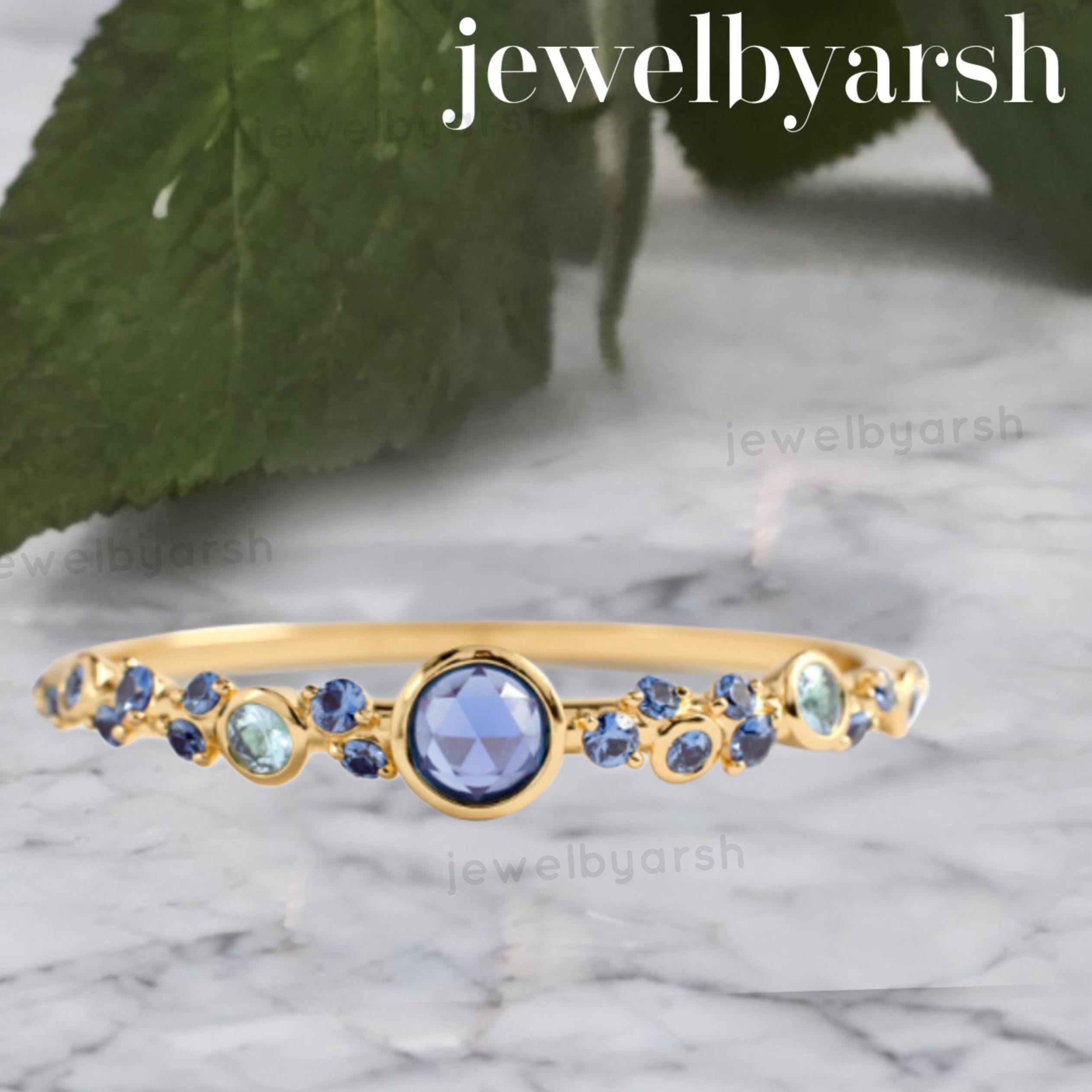 14K Gold Sapphire Aquamarine Bracelet, Blue Sapphire & Aquamarine Bangle, 925 Sterling Silver Gemstone Bracelet, Anniversary Gift