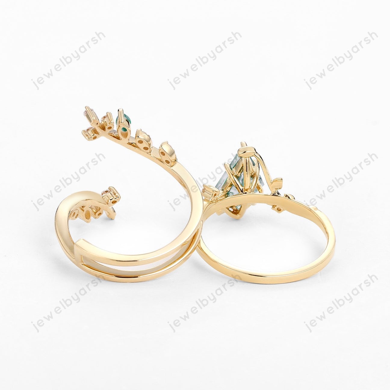Kite Cut Moss Agate Engagement Ring: Gold Emerald Leafy Anniversary Ring Set