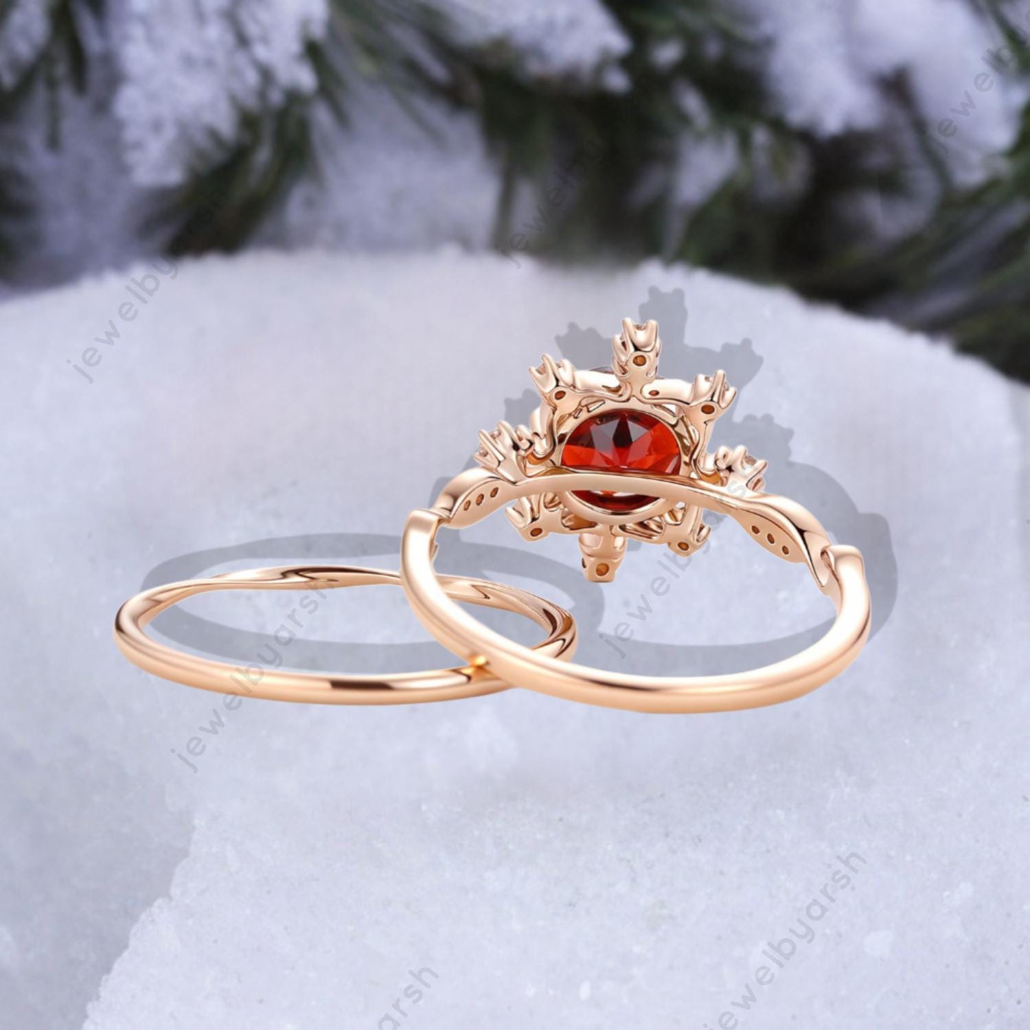 Halo Garnet Engagement Ring: Art Deco Diamond Bridal Ring