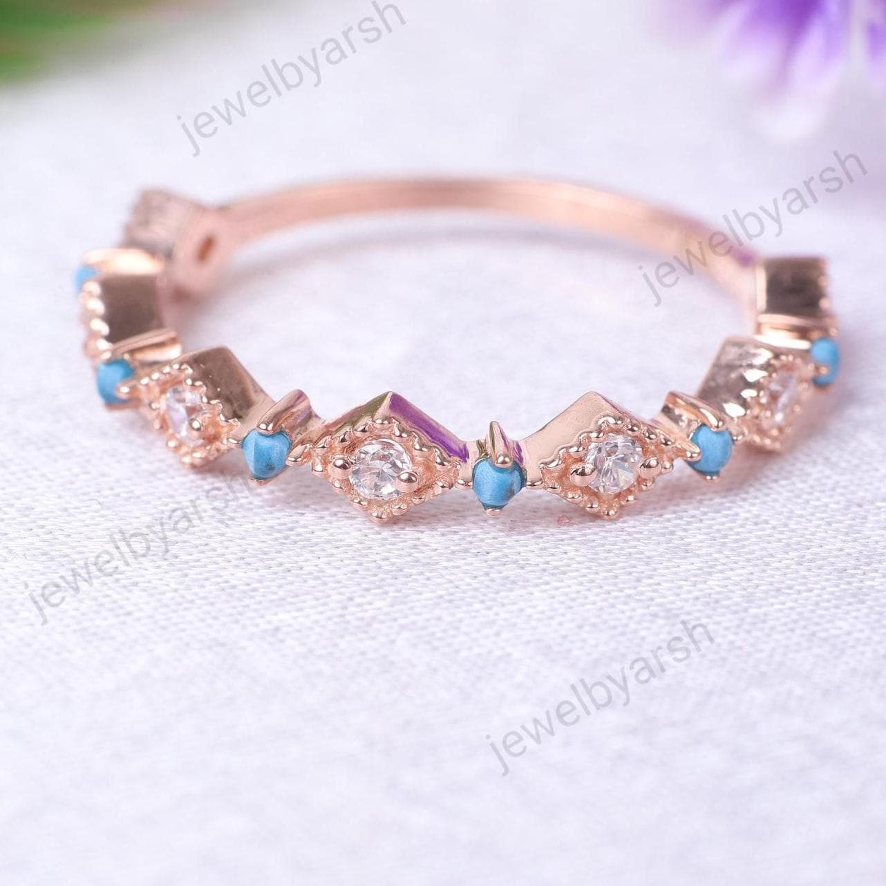 Turquoise & CZ Diamond Rose Gold Ring: Solid Gold Half Eternity Band