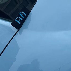 May include: A light blue car with a black sticker that says "Fifi" on the side.