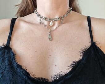 Baroque pearls steel necklace, silver stylish necklace, edgy unisex choker