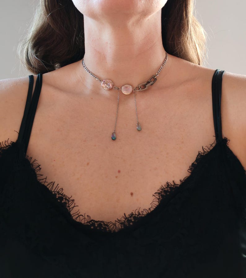 Chunky Stainless Steel Chain Necklace: Pearl, Edgy Punk Jewelry image 1