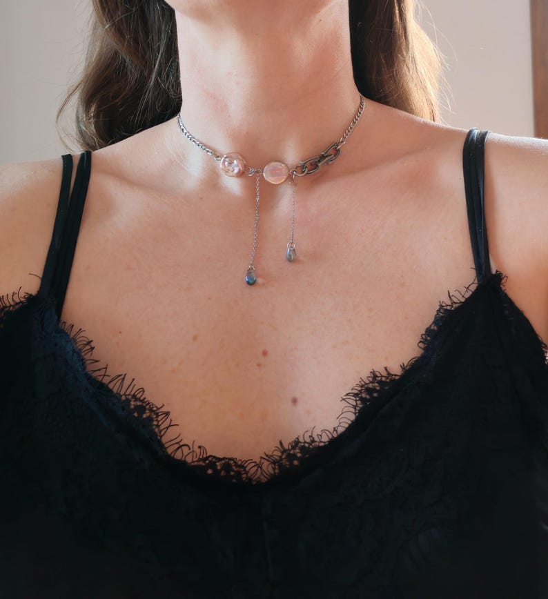 Chunky Stainless Steel Chain Necklace: Pearl, Edgy Punk Jewelry image 12