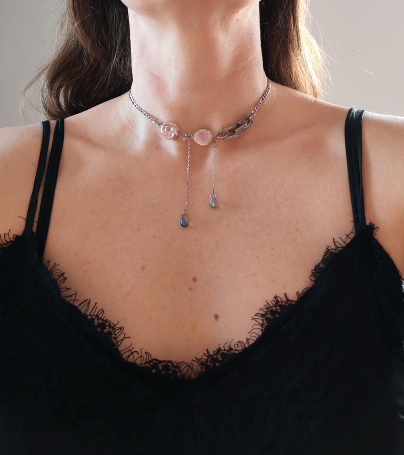Chunky Stainless Steel Chain Necklace: Pearl, Edgy Punk Jewelry image 5