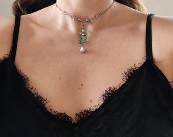 Elegant pearl chain choker, steel silver necklace, punk grunge jewelry