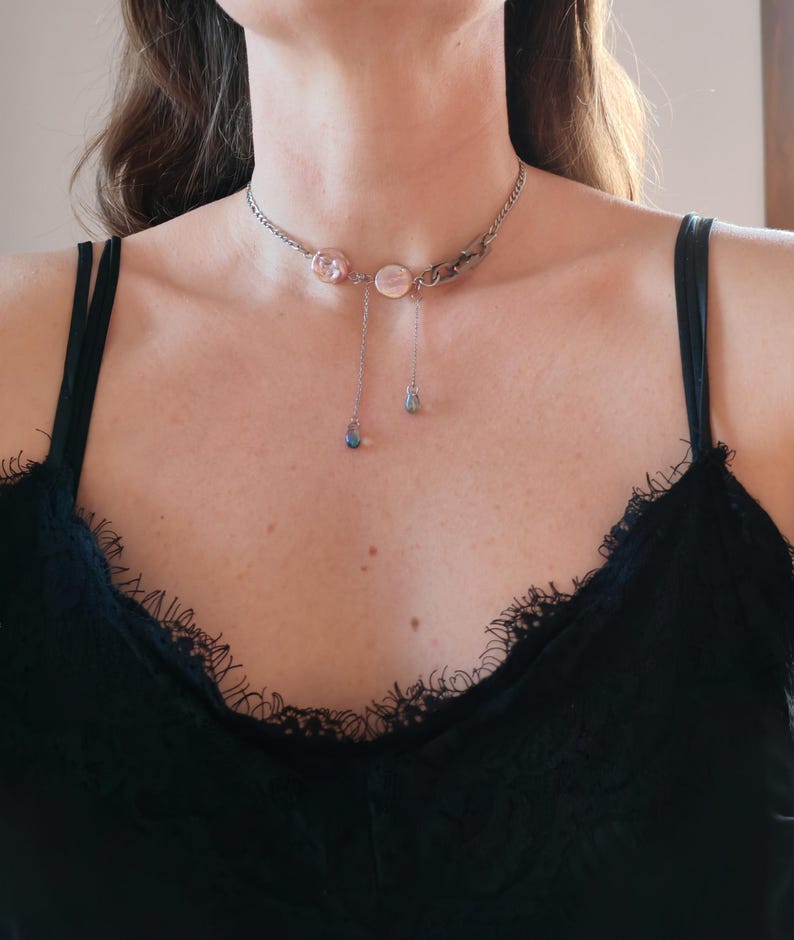 Chunky Stainless Steel Chain Necklace: Pearl, Edgy Punk Jewelry image 11