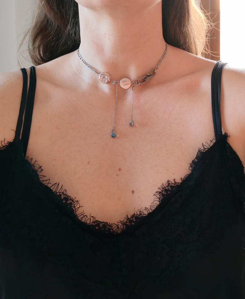 Chunky Stainless Steel Chain Necklace: Pearl, Edgy Punk Jewelry image 3