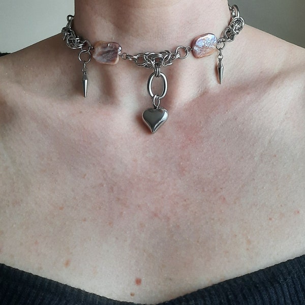 Chunky pearl heart necklace, punk grunge choker, alternative jewelry, statement necklace