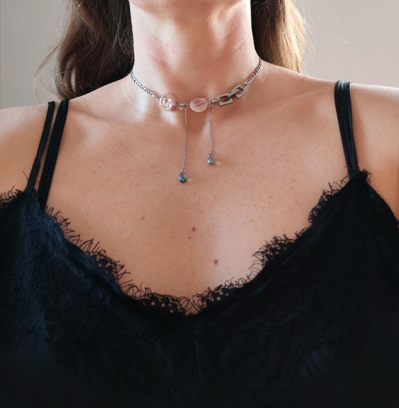 Chunky Stainless Steel Chain Necklace: Pearl, Edgy Punk Jewelry image 9