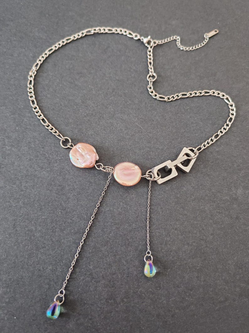 Chunky Stainless Steel Chain Necklace: Pearl, Edgy Punk Jewelry image 2