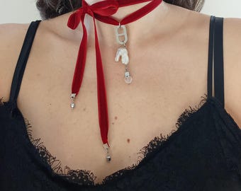 Collana con nastro di velluto rosso perla, girocollo con fiocco di nastro a strati