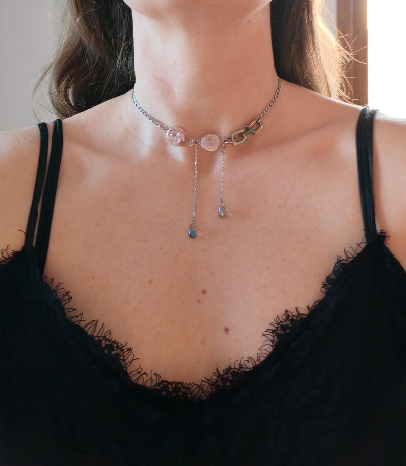 Chunky Stainless Steel Chain Necklace: Pearl, Edgy Punk Jewelry image 7