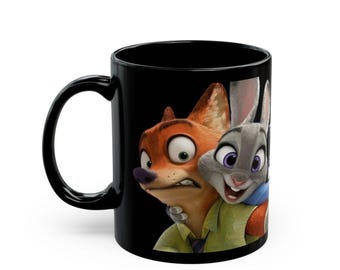 Zootropolis-mok, gepersonaliseerde zwarte mok, mok Judy Hopps, Nick Wilde, Judy en Nick, vriendelijke mok, leuke stelmok, mok konijnvos, designmok